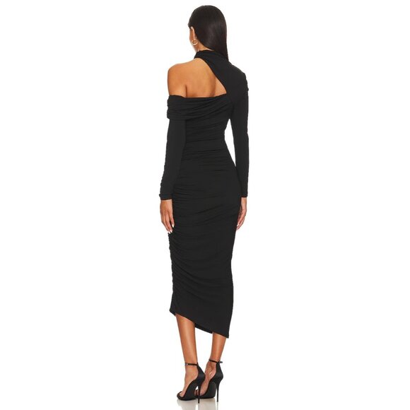 Revolve Misha Dress Clotilde Black One Shoulder Long Sleeve Ruched - Picture 2 of 14